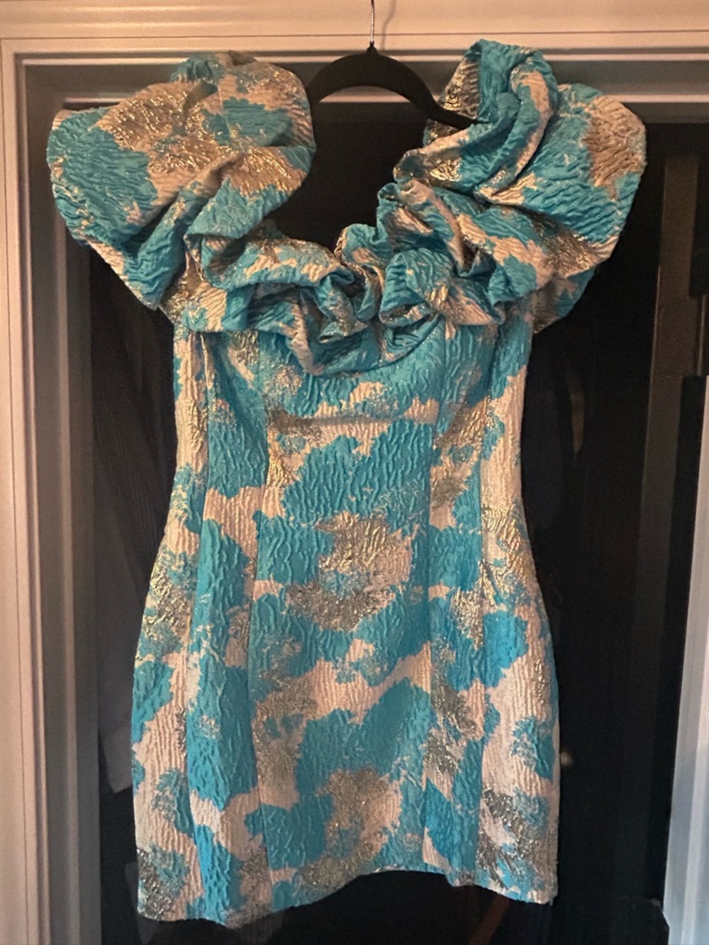 Turquoise and Gold Ruffle-Trim Mini Dress
